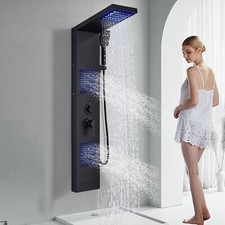 Black Shower Panel System LED Rain&Waterfall Head Massage Body Jets Shower Tower