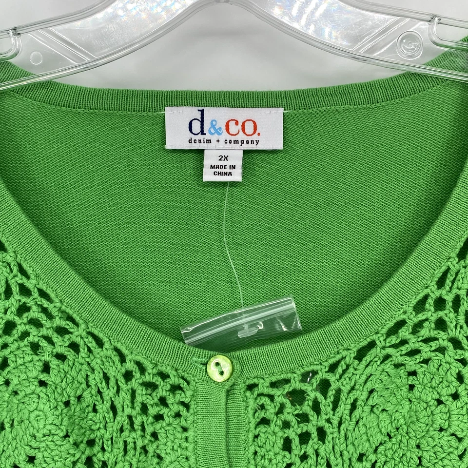 D & Co Denim & Company 2X Plus Green Crochet Floral Knit Cardigan Sweater - Image 3 of 4