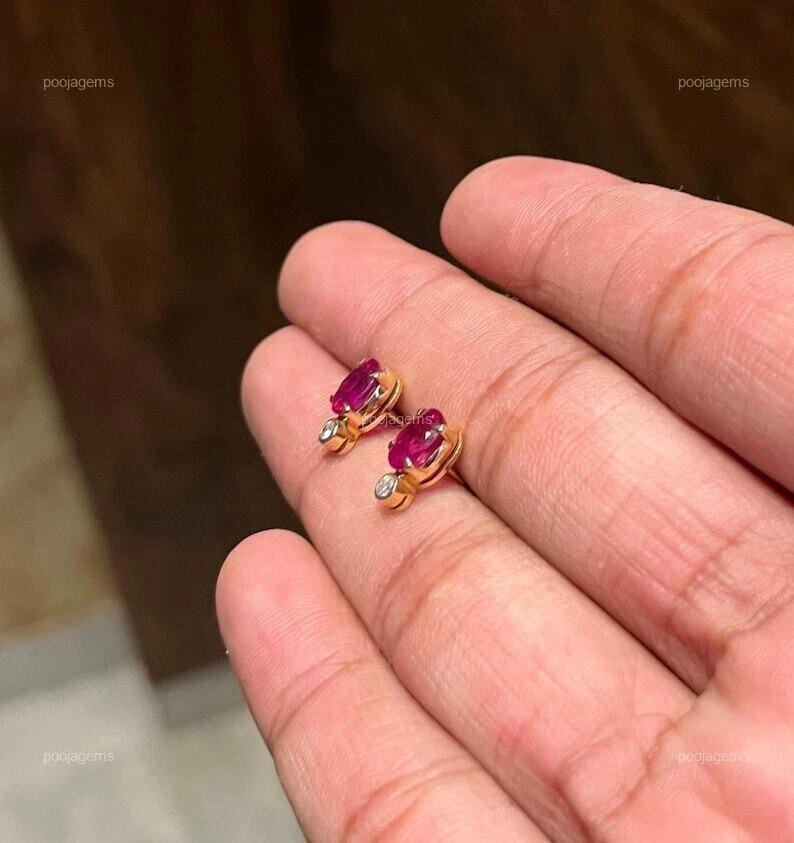 18 Karat Rubin & Natürlicher Diamant Hochzeit Zacken Ohrringe 18k Massiv - Bild 3 von 4