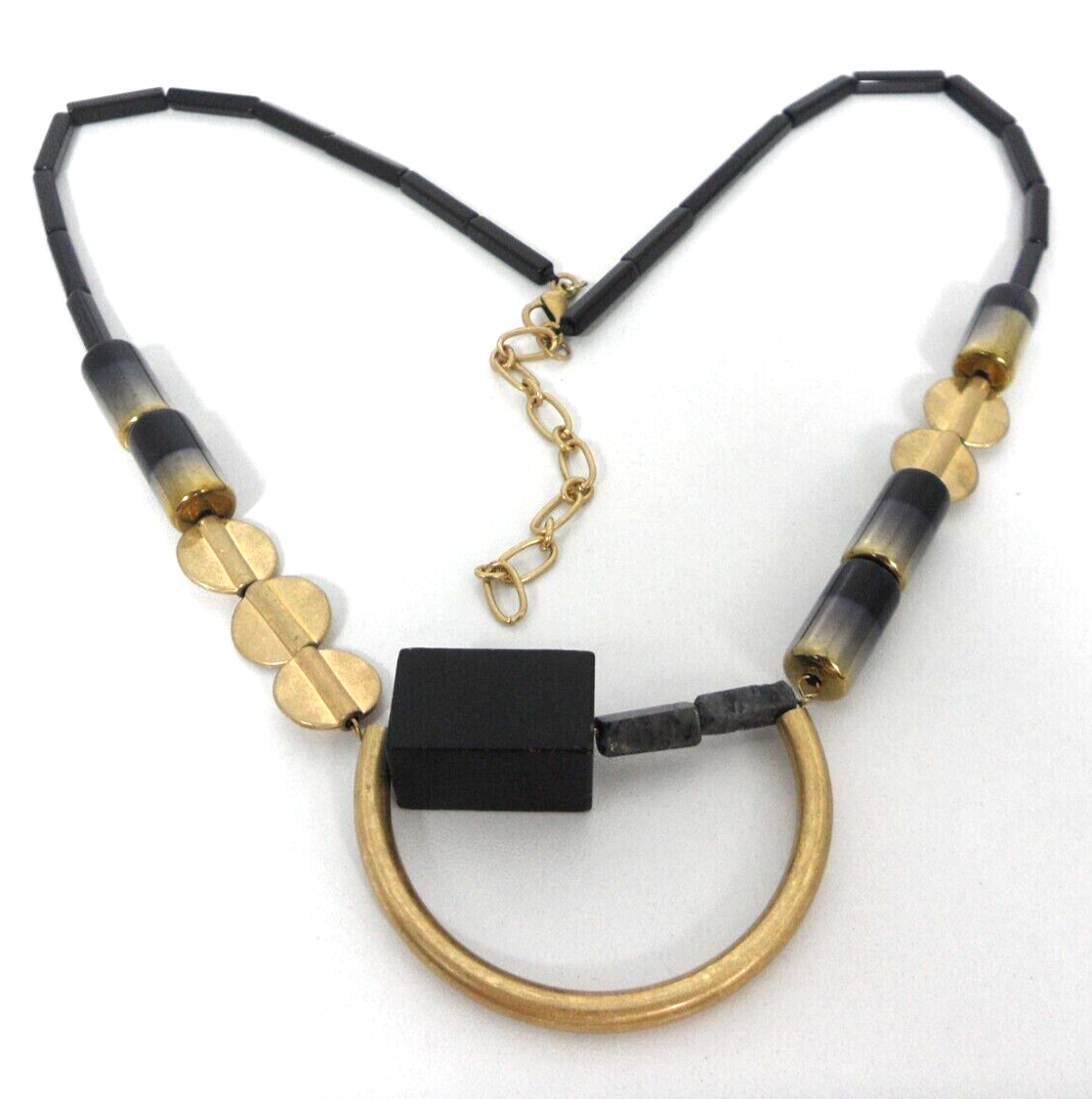 Multimedia Half Circle Pendant Necklace Zen Cubist Granny Art Glass Wood Gem Vtg