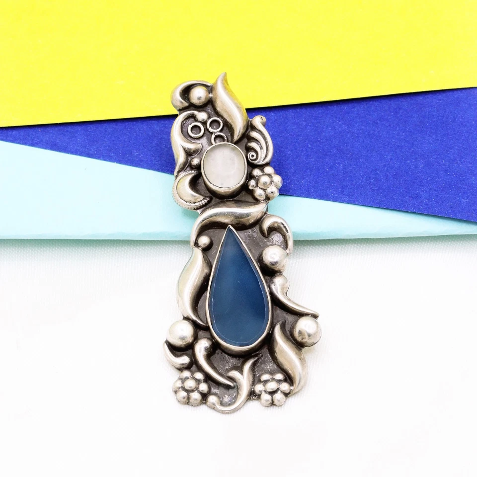 925 Argento Blu & Bianco Pietra Bello Matrimonio Spilla Gioielli Regalo - Immagine 2 di 4