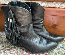 Vintage Zodiac Leather Ankle Boots Western Stacked Heel Fringe Sz 9M Made USA