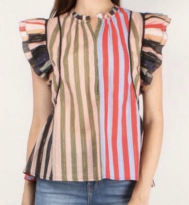 A Piece Apart Marina Del Mar Cotton Lurex Striped Ruffle Sleeve Blouse Top Sz 4