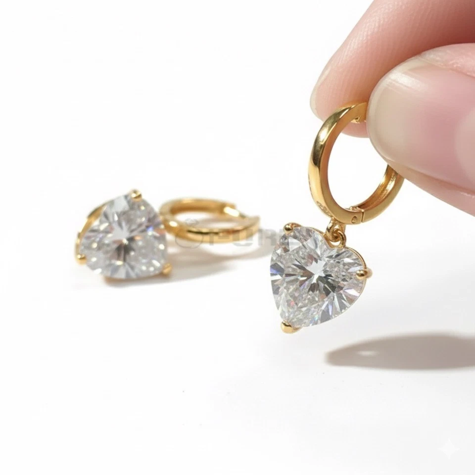 18ct Gold Plated Heart CZ Huggie Hoop Dangle Drop Earrings Cute Crystal Gift - Image 2 of 4