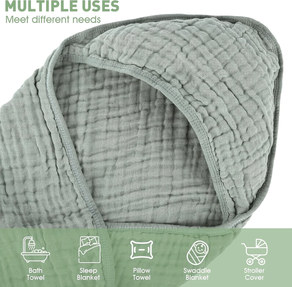 Paquete de 2 toallas para bebé de algodón muselina con capucha (verde/marrón), 32 por 32 pulgadas, ultra-so Foto 3 de 4