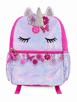 Girls Pink Iridescent Sequin Unicorn Backpack Floral Zip Adjustable Strap