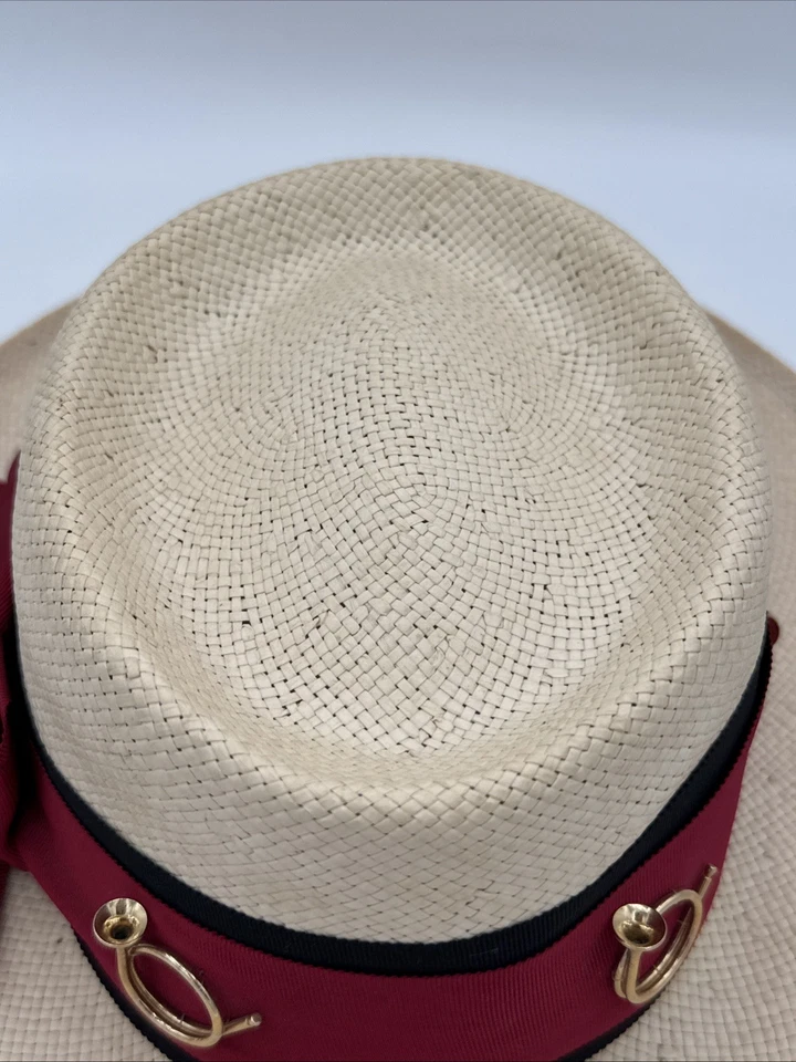 De Colección Damas M Panama Derby Sombrero de Paja NY Hat Co. Cinta Roja/Negro 4 Cuernos de Caza de Latón Foto 3 de 4