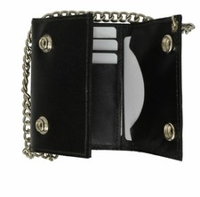 Black Mens Leather Biker's Chain Trifold Wallet Trucker Motorcycle Steel Chain