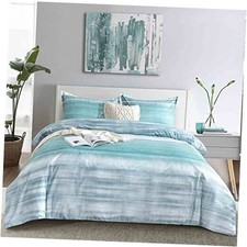 7 Pcs Size Comforter Set with Sheets, Queen Blue  Grey Striped Comforter Set