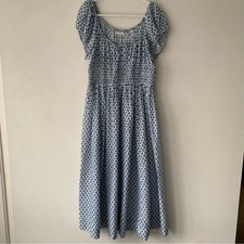 Doen Quinn Cotton Smocked Short Sleeve Midi Maxi Dress Dahlia Ditsy Blue White