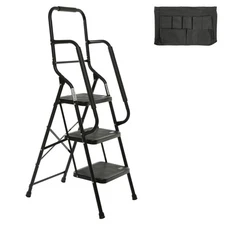 3 Step Folding Ladder with Safety Handrails 500 lb Capacity Steel Step Stool
