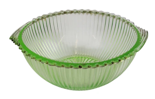 Vintage U.S. Glass Green Uranium / Depression Glass Ribbed Bowl w/ Handles