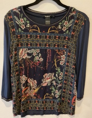 Women s Desigual Black Print 3/4 Sleeve M/L Spain Studs, Metallic Thread