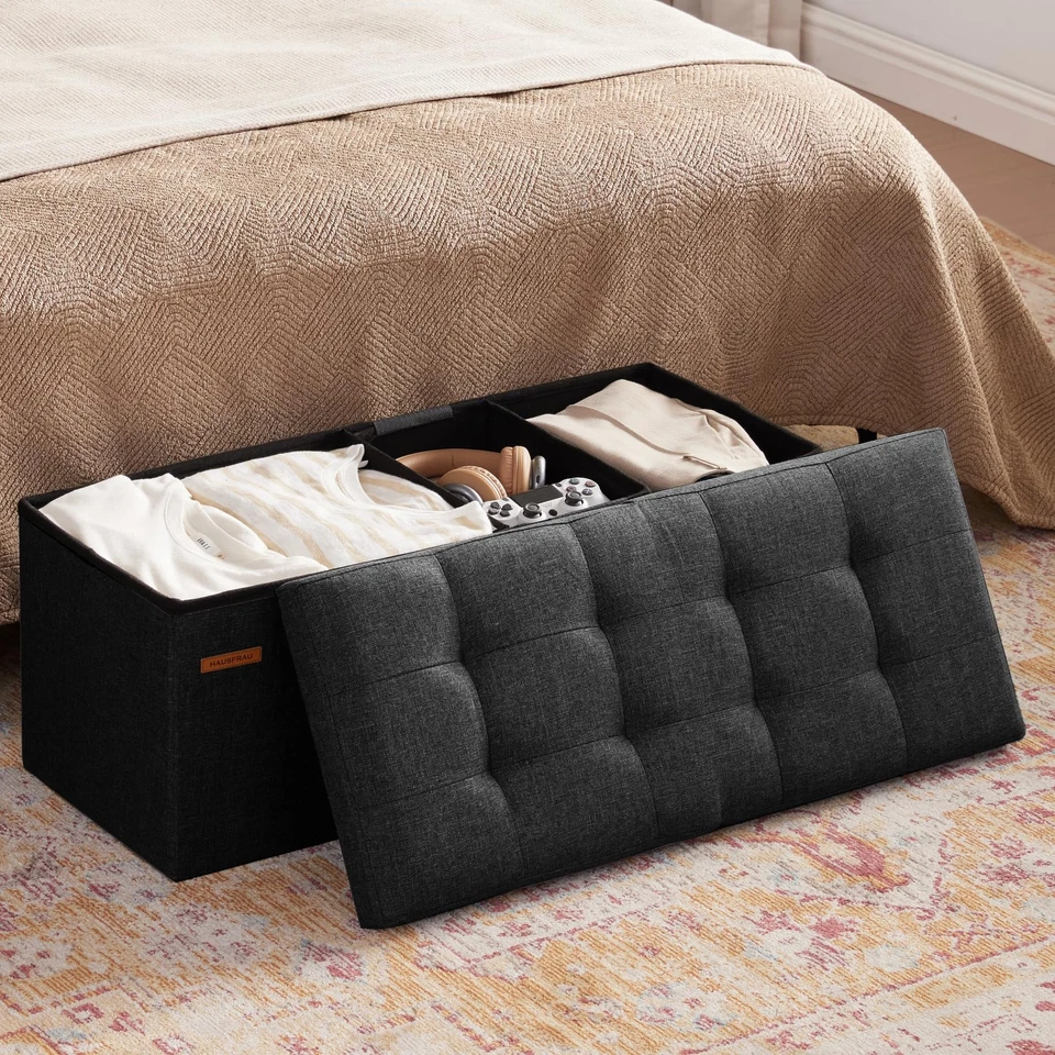 Otomana de 31,5 pulgadas con almacenamiento, banco otomano plegable pequeño reposapiés taburete... Foto 4 de 4