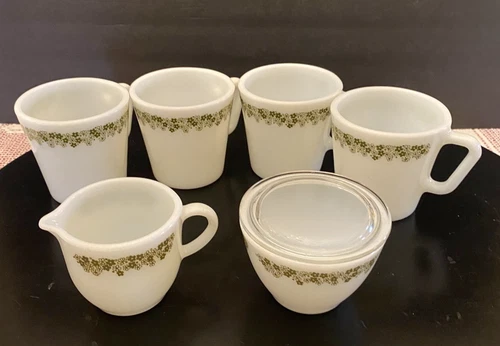 Vintage PYREX Spring Blossom Milk Glass- Mugs, Creamer and Sugar bowl w/ lid 7pc