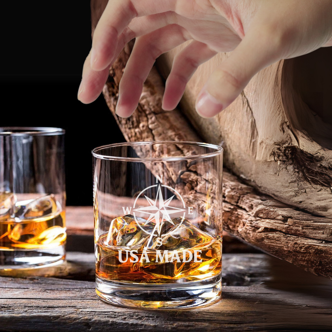Custom Engraved Compass Rose USA Made 7 oz Whiskey Rocks Glass