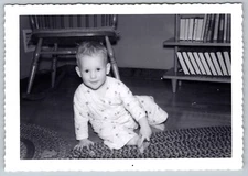 Vtg Photo - Happy young baby boy mid century modern furniture | 1950s