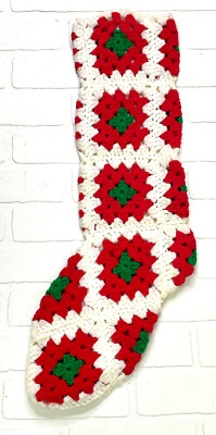 VTG Large handmade Granny Square Crochet Christmas Stocking Knitted 25 