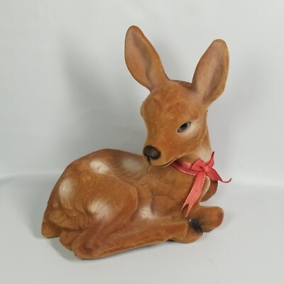 Vintage Flocked Laying Down Fawn Deer Bambi Christmas Woodland Kitch Decor 8''