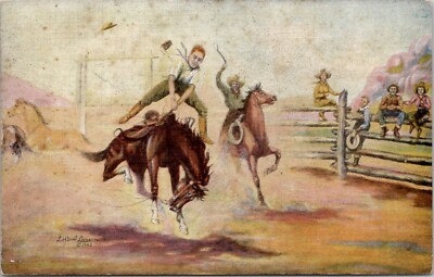 Lithograph Western Motif Rodeo Scene Bareback Horse Dude Larsen Postcard Spc9