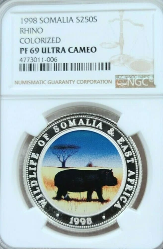 1998 SOMALIA SILVER 250 SHILLINGS RHINO COLORIZED NGC PF 69 ULTRA CAMEO TOP POP