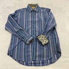 Robert Graham Shirt Mens Medium Blue Striped Flip Cuff Long Sleeve Collar Adult