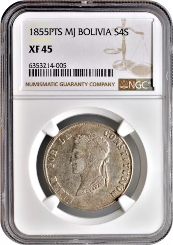 1855 PTS MJ Bolivia  4 Soles S4S EF Extra Fine NGC XF45