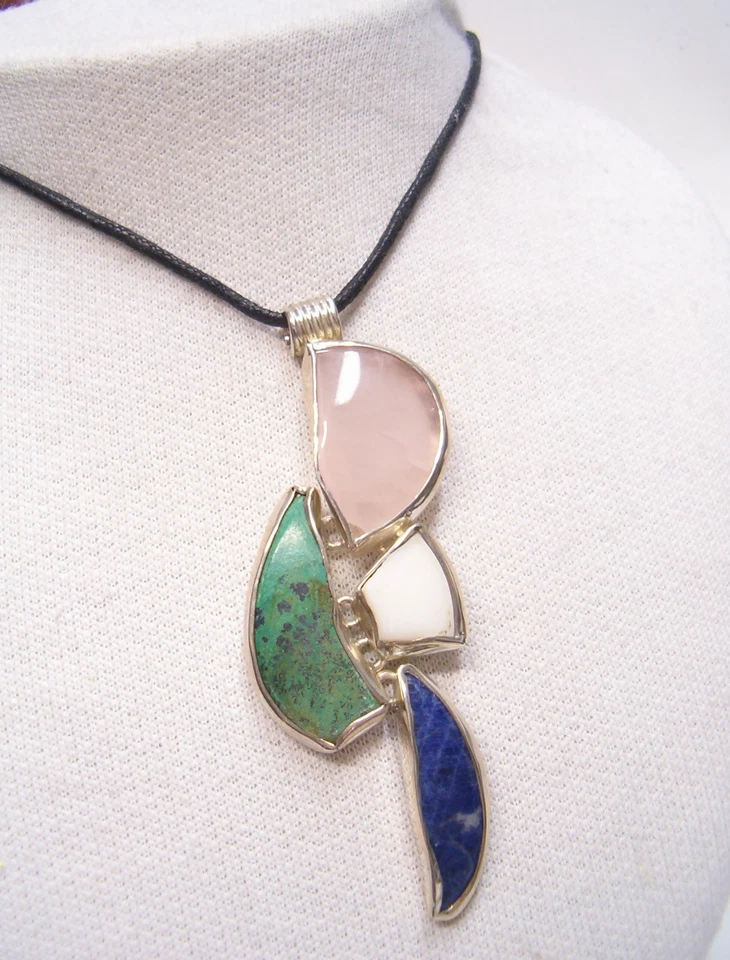 Ciondolo in ARGENTO 925 con PIETRE DURE naturali -Quarzo Rosa Sodalite Malachite - Immagine 4 di 4