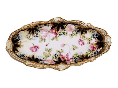 ANTIQUE NORITAKE NIPPON HAND PAINTED SERVING DISH ROSES GOLD EMBELLISHMENT