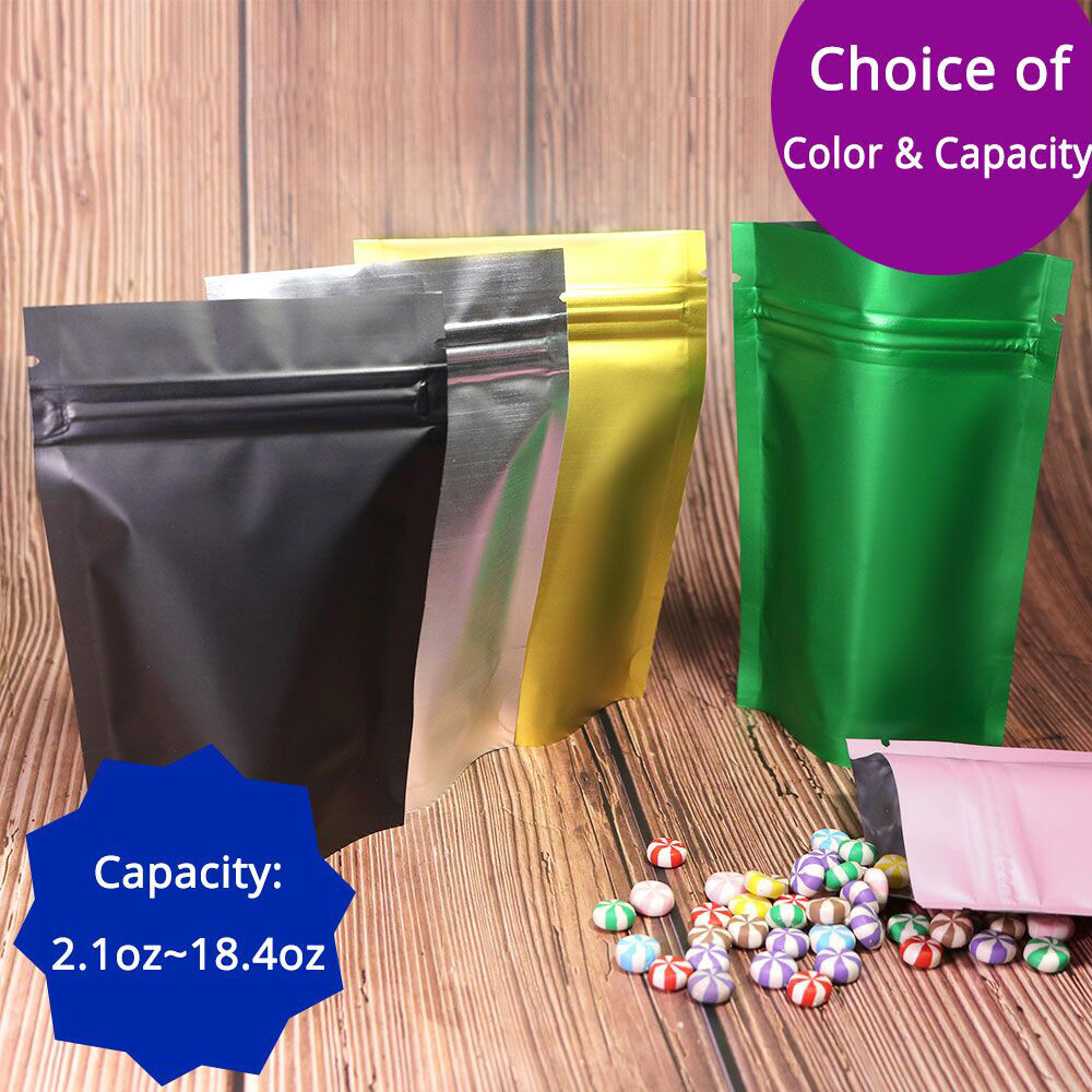 2-Sided Colorful Foil Mylar Stand-Up Zipper Bags 2oz to 18.5oz O2 Barrier