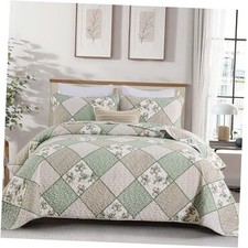 Quilt Set Boho Patchwork Bedspread Floral Coverlet Reversible Queen Sage Green