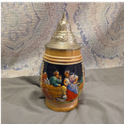 German-Style Breweriana Lidded Beer Stein w/ Pewter Hinged Lid, Painted Scenes — photo 1