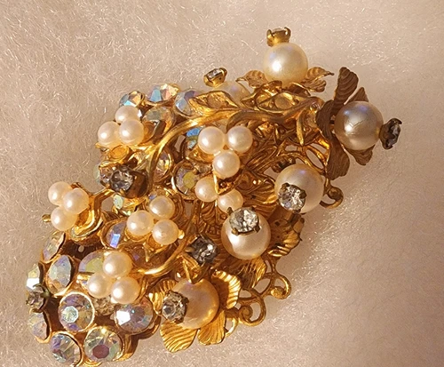 Miriam Haskell Brooch Vintage Gold Pearl Rhinestone Floral Unsigned