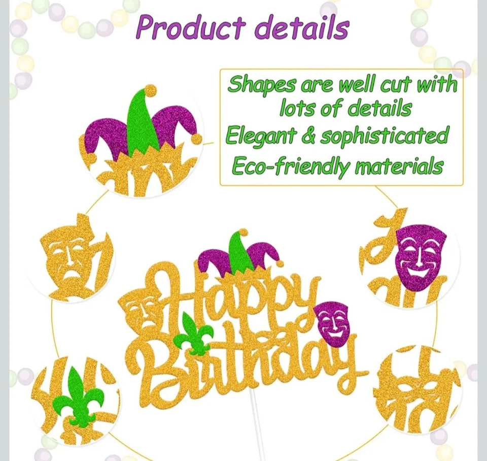 1 pieza Mardi Gras Feliz Cumpleaños Pastel Topper Brillo Mascarada Tema Fat Tuesday Foto 4 de 4