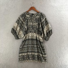 H&M Dress Womens 6 Tie Neck Mini Shift Pullover Polyester Black Cream Boho