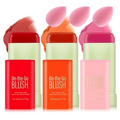 3 Colors Blush Stick with Makeup Sponges,Matte Solid Cream Blush,Multi-Use A1
