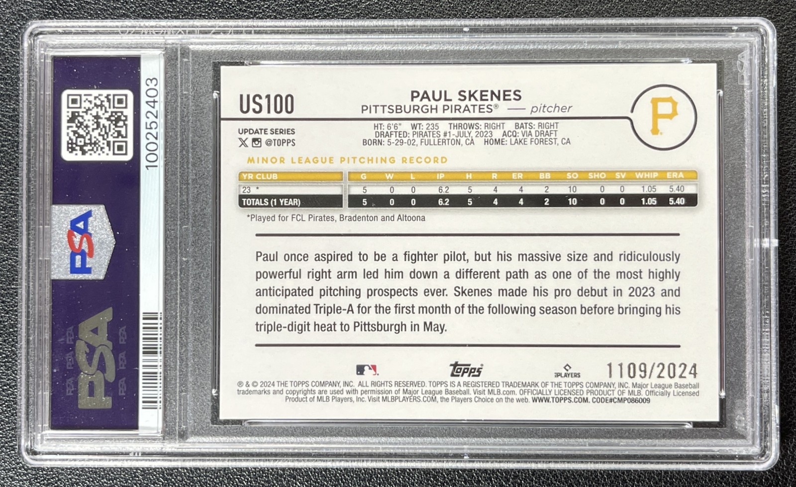 PAUL SKENES PSA 10 2024 TOPPS UPDATE #US100 ROOKIE GOLD RC 1109/2024 PIRATES view 2