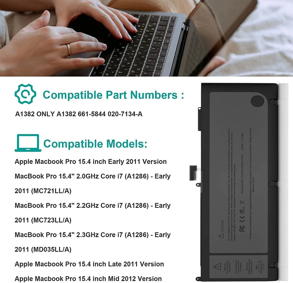 A1382 电池 适用于 A1286 苹果 MacBook Pro 15 英寸 2011 年底 2011 年中期 2012 — 第 3/4 张图片