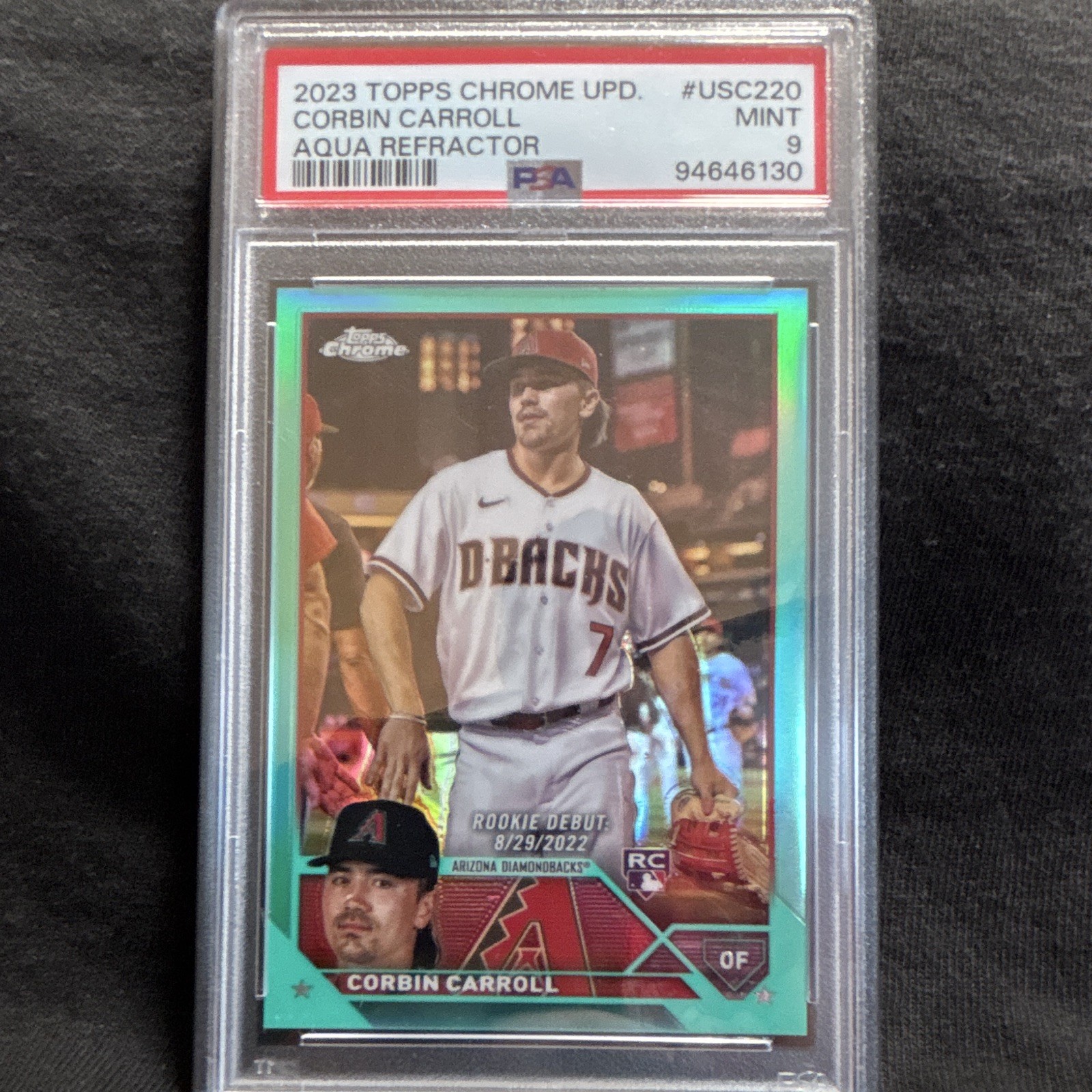 2023 Topps Chrome Update Corbin Carroll Rookie Debut USC220 Aqua /199 PSA 9