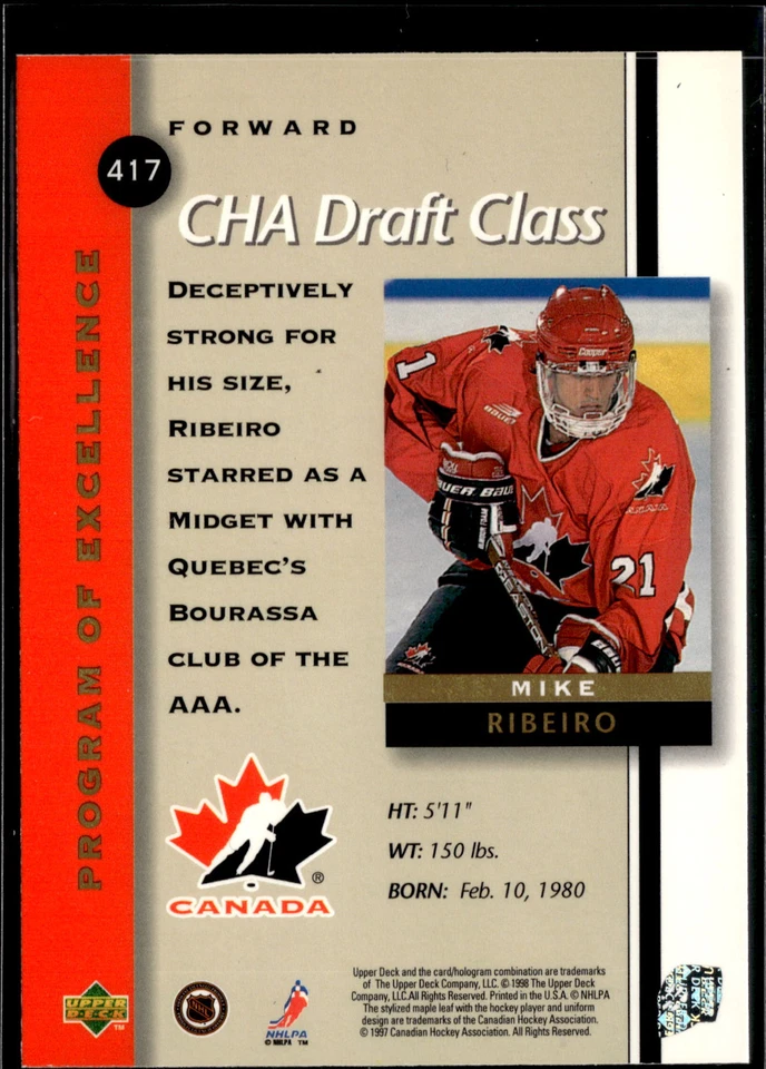 1997-98 Upper Deck #417 Mike Ribeiro Program of Excellence Rookie Canada - Image 2 of 2