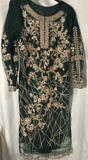 Green Pakistani Salwar Kameez Net Sequin Gold Embroidery Free Size Women