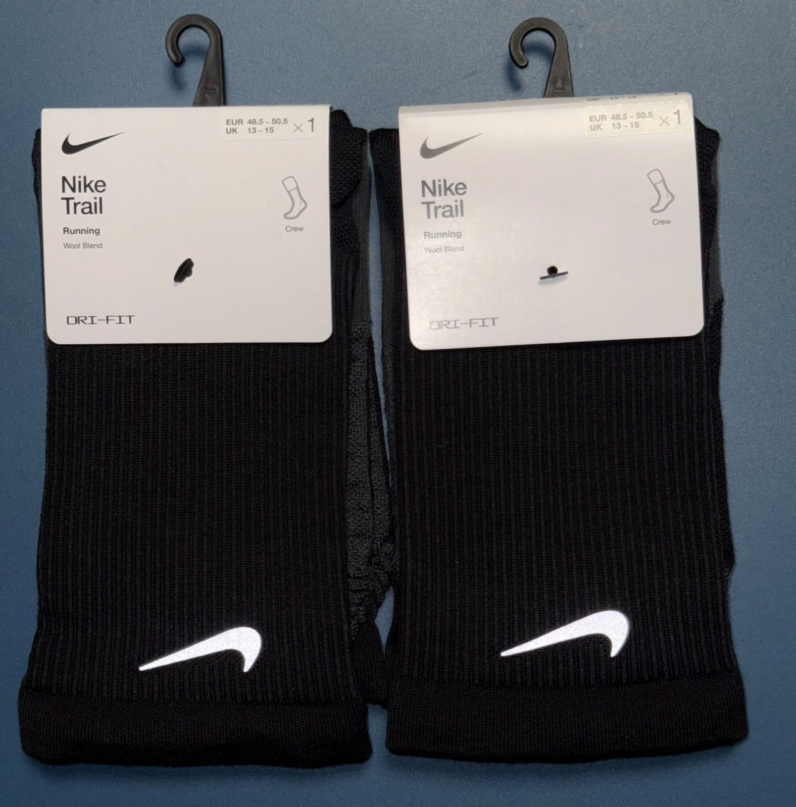 2 Pairs Nike Trail Running Wool Blend Crew Socks HF0854-010 Black size UK 13-15