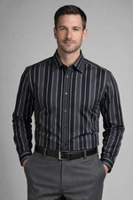 Pronto Uomo Navy , Grey Lt. Blue / Black Stripe Dress Shirt Size Large