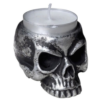 Alchemy Gothic Grimacing Skull Tea Light Antiqued Silver Resin Candle Holder V74