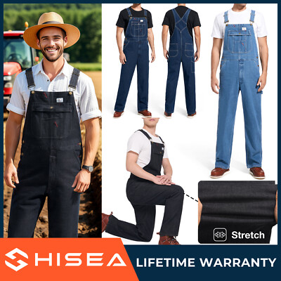 HISEA Men's Bib Overalls Regular Fit Denim Dungarees Decorator Flex Workwear Zip