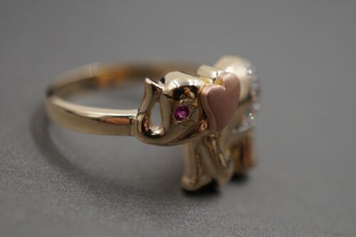 10K Solid Yellow Gold Multi Tone Cute Elephant Red Eyes CZ Band Ring. Size 6.5 - Picture 2 of 7