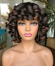 Women Sexy Short Afro Loose Wave Wig with Bangs Ombre Black Brown Wig Synthetic