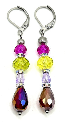 Stunning Multi-Color Glass Beaded Linear Dangle Stainless Leverback Earrings