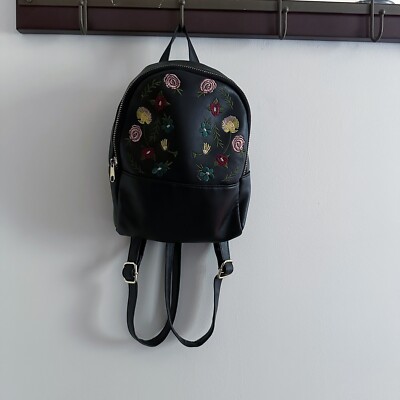 Small Mini Floral Faux Leather Black Backpack Art Inspo Embroidered Flowers