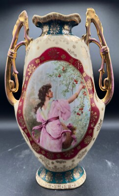Antique Hand Painted Porcelain Vase 12''Hx7.5''Wx3''D